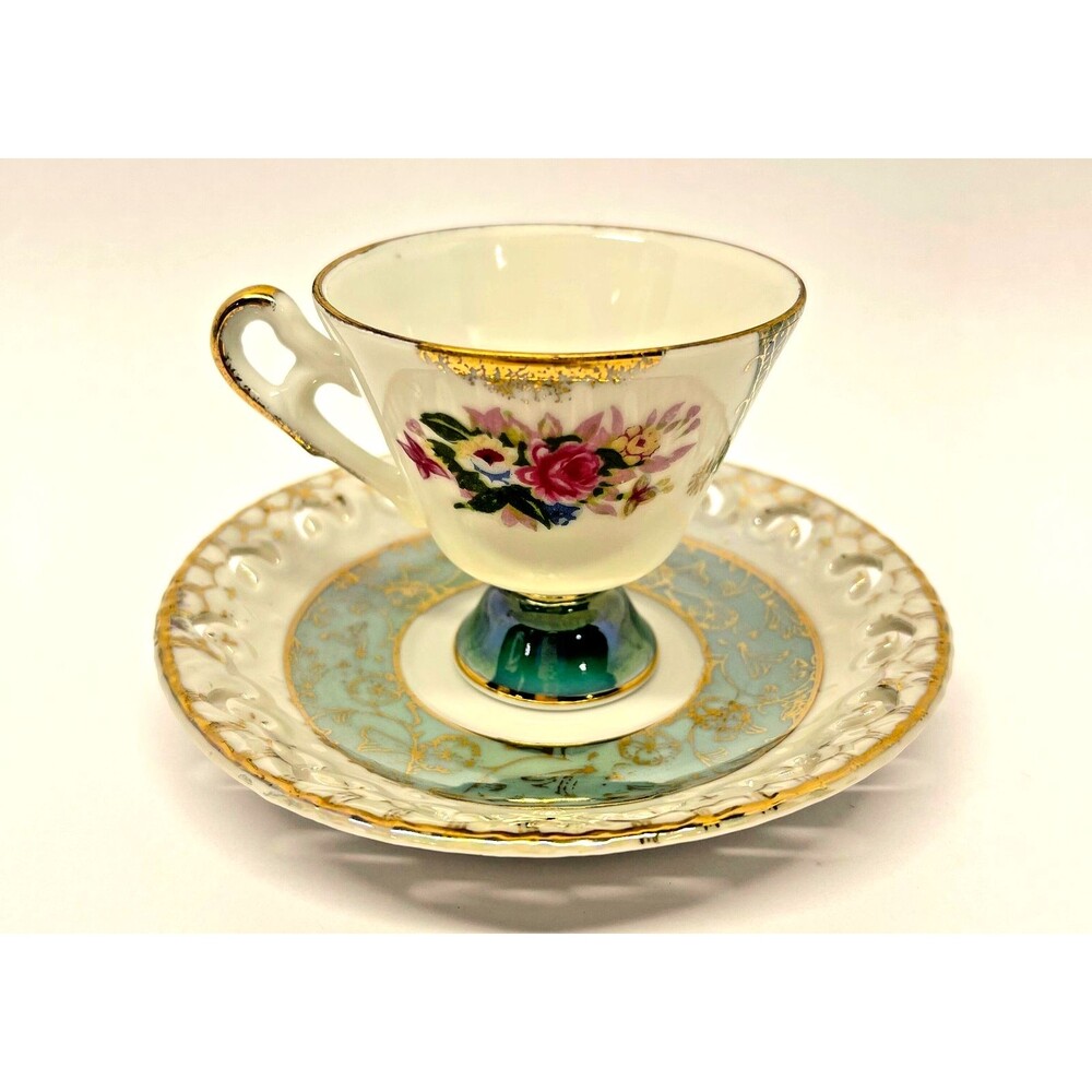 VTG Enesco Japan Lusterware Teacup & Saucer Teal Gold Floral Reticulated Footed